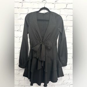 Storia Black Deep V-Neck Mini Dress with Bow Tie